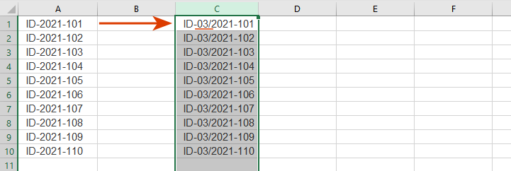 Результат: знаки добавлены до или после конкретного текста в ячейках