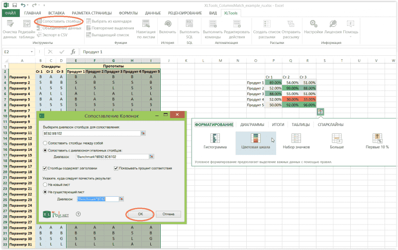 Сопоставление столбцов Excel c эталонными значениями и расчет процента соответствия