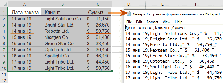 Задайте настройку: сохранить формат значения в CSV