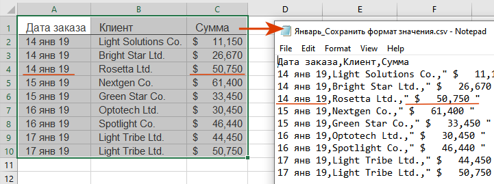 Задайте настройку: сохранить формат значения в CSV