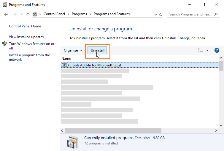 Как удалить надстройку XLTools через Панель управления