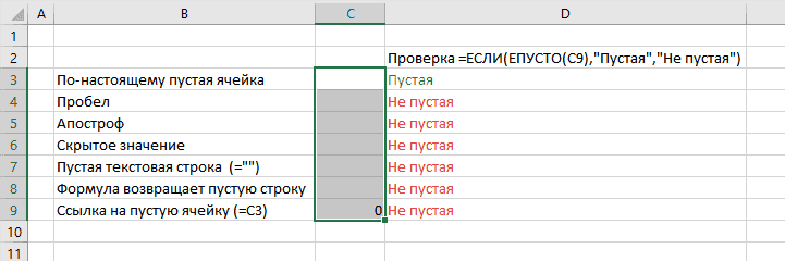 Проверка пустых ячеек с помощью функции ЕПУСТО